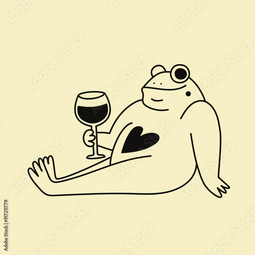 Vector illustration with relaxing frog or toad and glass of wine or other drink. Monochrome print design with animal and drink, apparel print, wall decoration poster, bar menu element