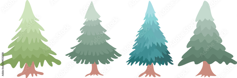 Obraz premium Cute Pine Tree vector set cute cartoon style.