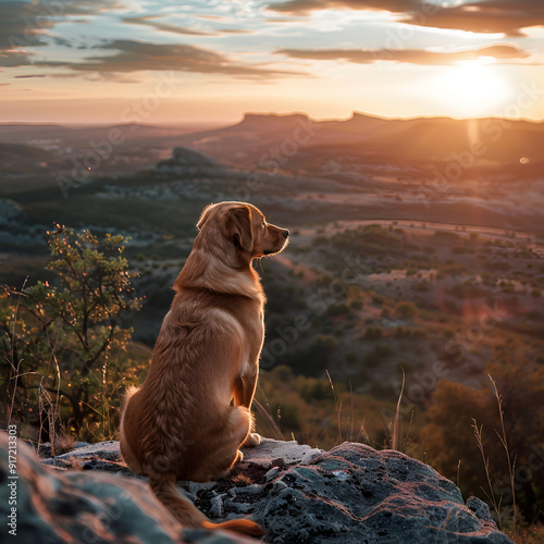 A brown dog sitting on a rocky outcrop overlooking a mountainous landscape with snow-capped peaks in the background