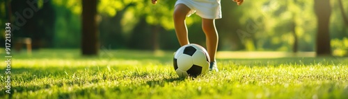 Child kicking a soccer ball in a park, emphasizing gross motor skills and teamwork