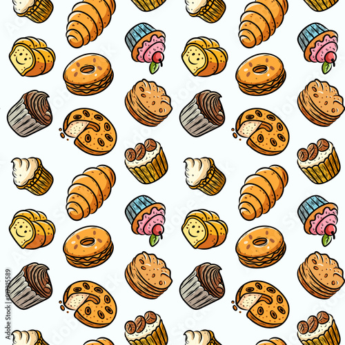 Seamless pattern of cake with berry, in line art style in color, repeating pattern. Design for packaging food, sweets, coffee, cake, ice cream, cupcake, vector