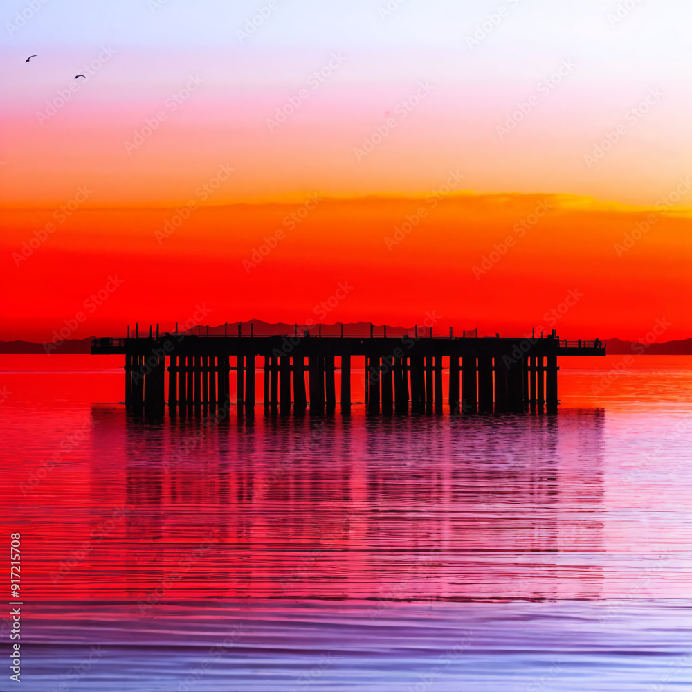 Fototapeta premium Pier Silhouette with Stunning Reflection at Sunset