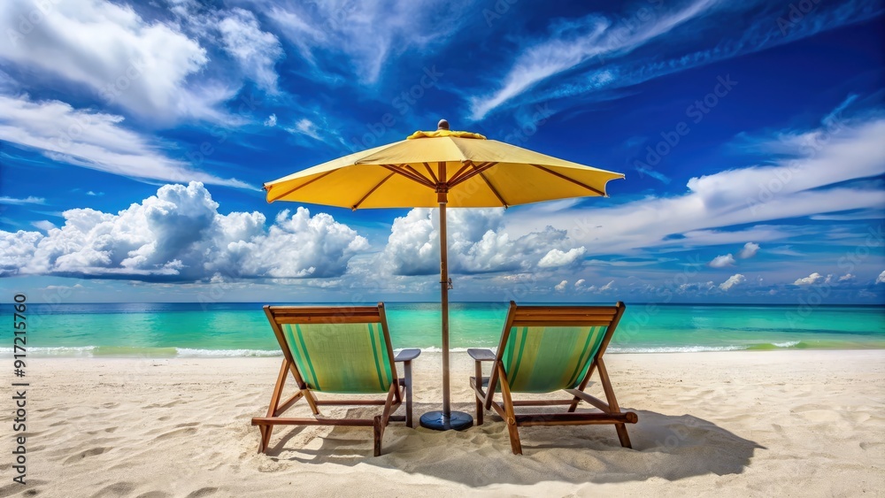 Two beach chairs with yellow umbrella offer shade on sandy shore under a vibrant sky during a sunny day. Generative AI Two beach chairs with yellow umbrella offer shade on sandy shore under a vibrant sky during a sunny day. Generative AI