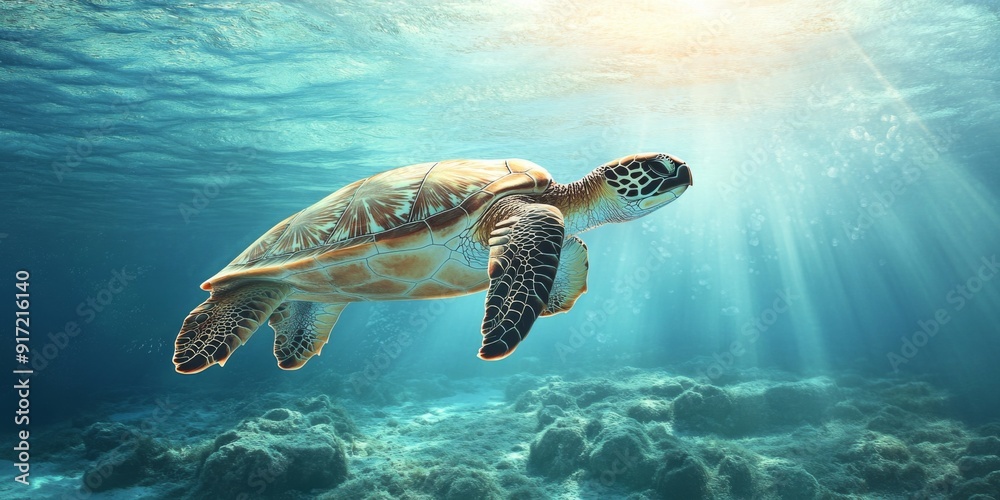 Fototapeta premium Underwater Serenity: A Sea Turtle Gliding Gracefully Near the Ocean Floor, Sunlight Streaming Through the Clear Waters Creating a Tranquil Aquatic Scene