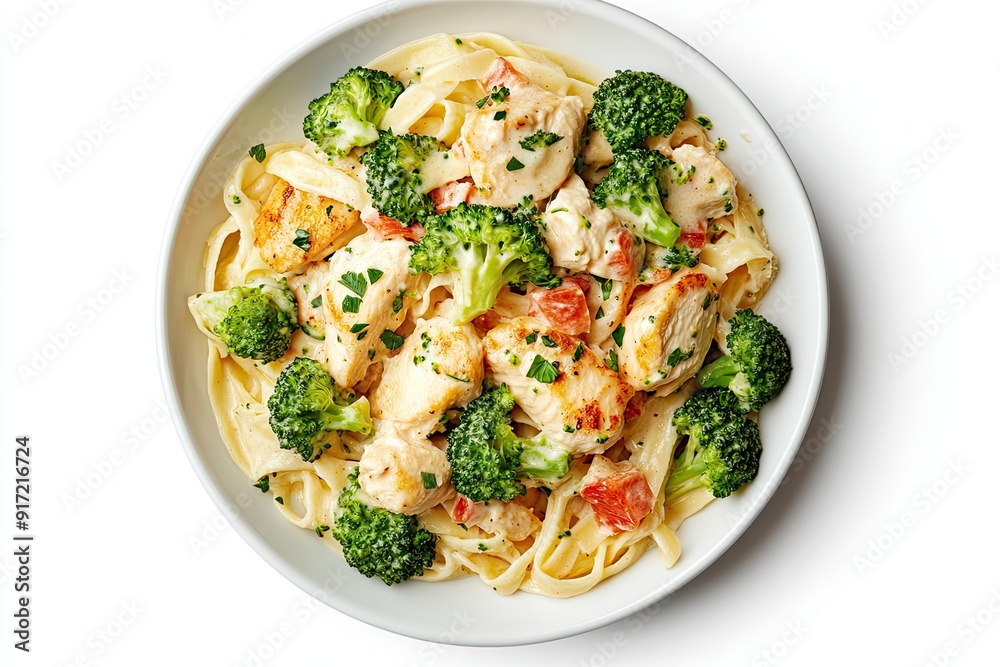 hicken Alfredo with broccoli isolated on a white, top view hicken Alfredo with broccoli isolated on a white, top view