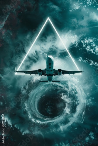 A plane flying over the ocean entering a Bermuda Triangle vortex, evoking a sense of dread and danger. photo