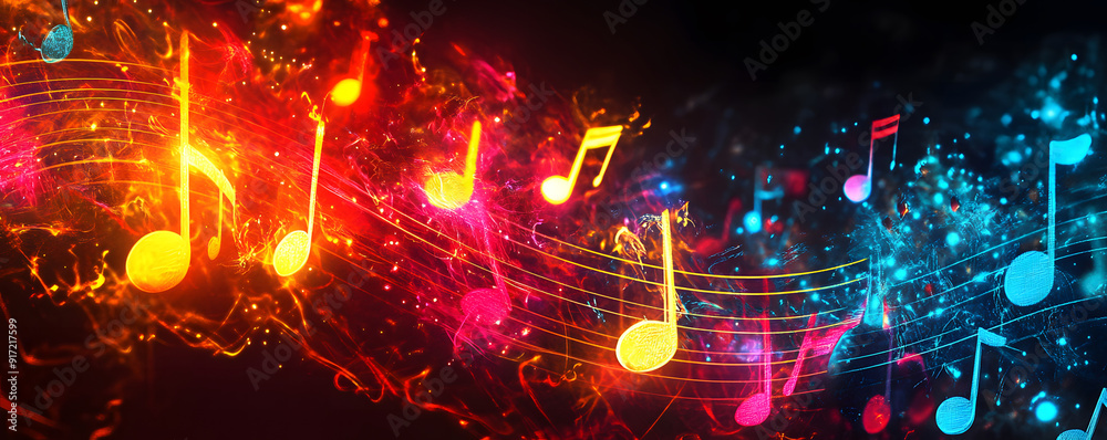Fototapeta premium A vibrant digital artwork featuring colorful musical notes floating through an abstract, dynamic space of light trails and glowing particles