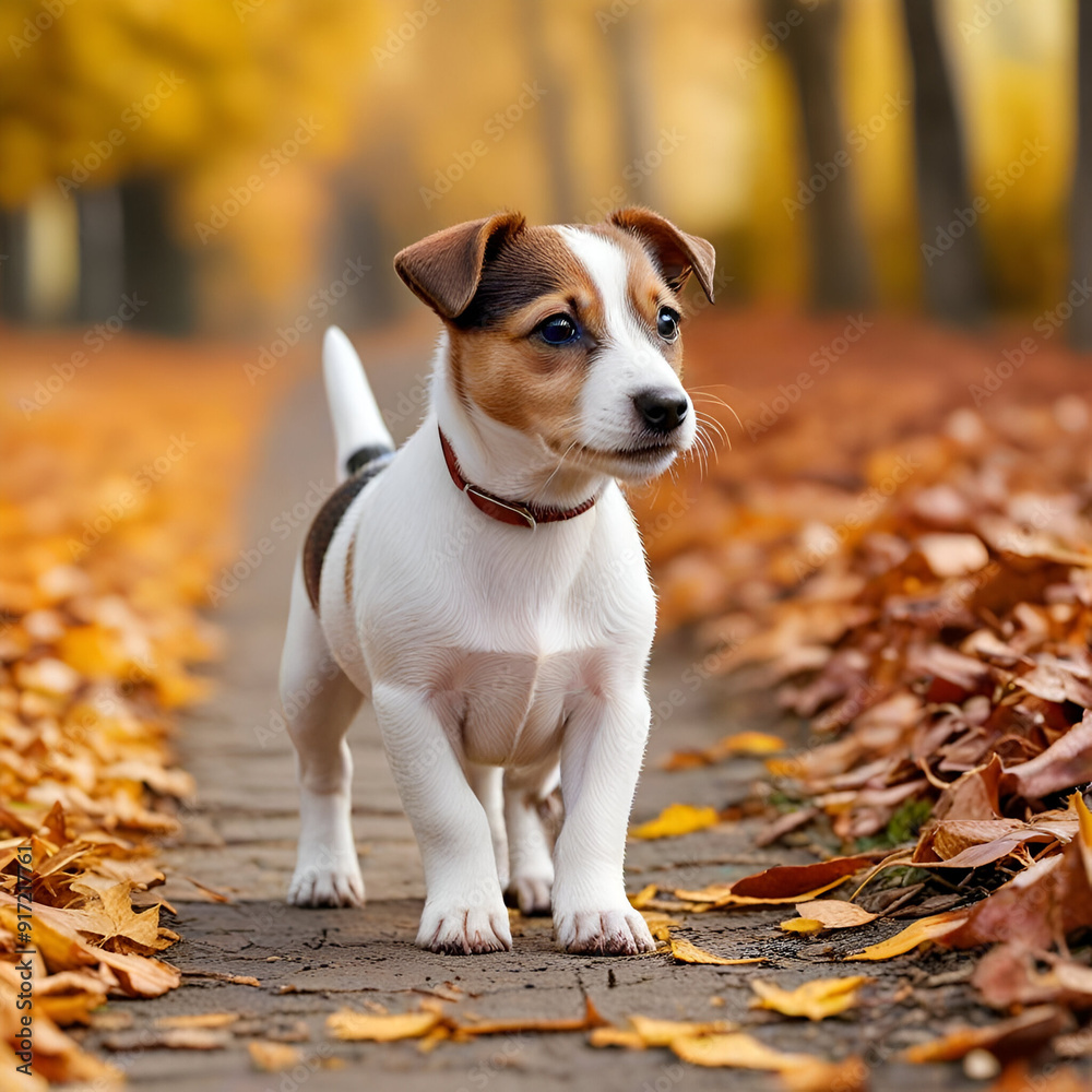 jack russel puppy on autumn alley weather autumn dry leaves forest background, jack russel puppy on autumn alley weather autumn dry leaves forest background,