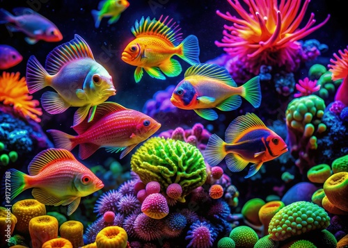 A vibrant underwater world teems with colorful fish among luminous coral reefs during a tranquil dive at sunset. Generative AI