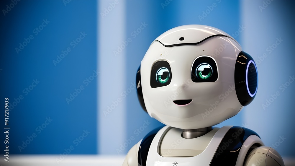 A blue-eyed, white robot A blue-eyed, white robot