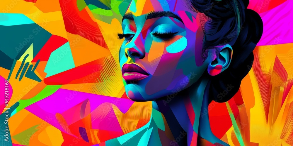 Fototapeta premium Vibrant Abstract Canvas: A Woman's Colorful Portrait Embracing the Essence of Creativity and Modern Artistry,Abstract Art