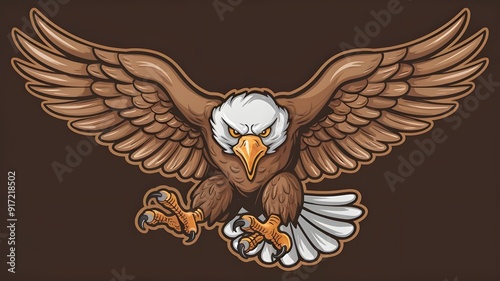 A powerful and magnificent eagle mascot, representing freedom and resolve with its eyes fixed forward and wings spread wide, Mascot Logo, Animals