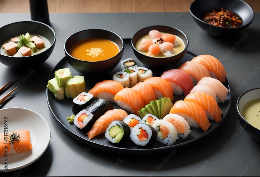 Sushi rolls are on a tray with other sushi Sushi rolls are on a tray with other sushi