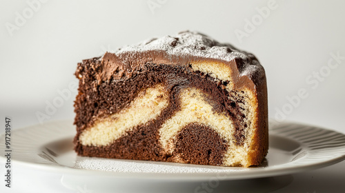  A slice of a marble cake placed on a white plate. The cake has a distinct swirl pattern, with layers of light and dark chocolate