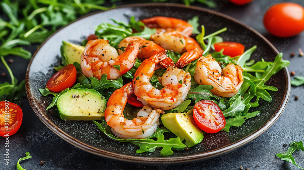 A plate of fresh salad garnished with cooked shrimp. The salad consists of green leaves, possibly arugula, diced avocado, and halved cherry tomatoes A plate of fresh salad garnished with cooked shrimp. The salad consists of green leaves, possibly arugula, diced avocado, and halved cherry tomatoes