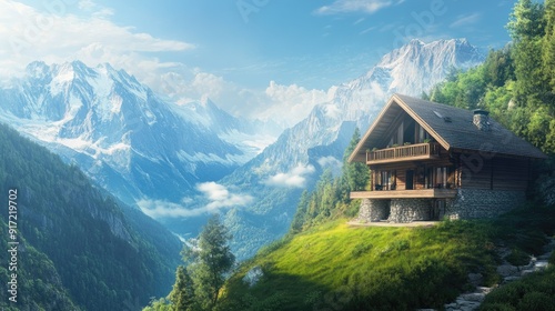 A beautiful mountain cabin with a balcony and space for copy in the sky