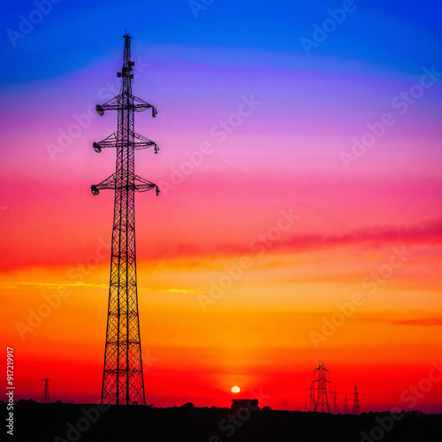 High Voltage Towers Against Vibrant Sunset