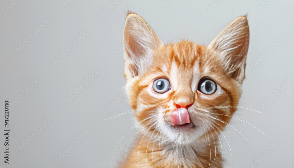 Funny cat licks his lips. Portrait of a white-red kitten with beautiful blue eyes, looking straight ahead. Lovely hungry cat. studio photo. Free space for text