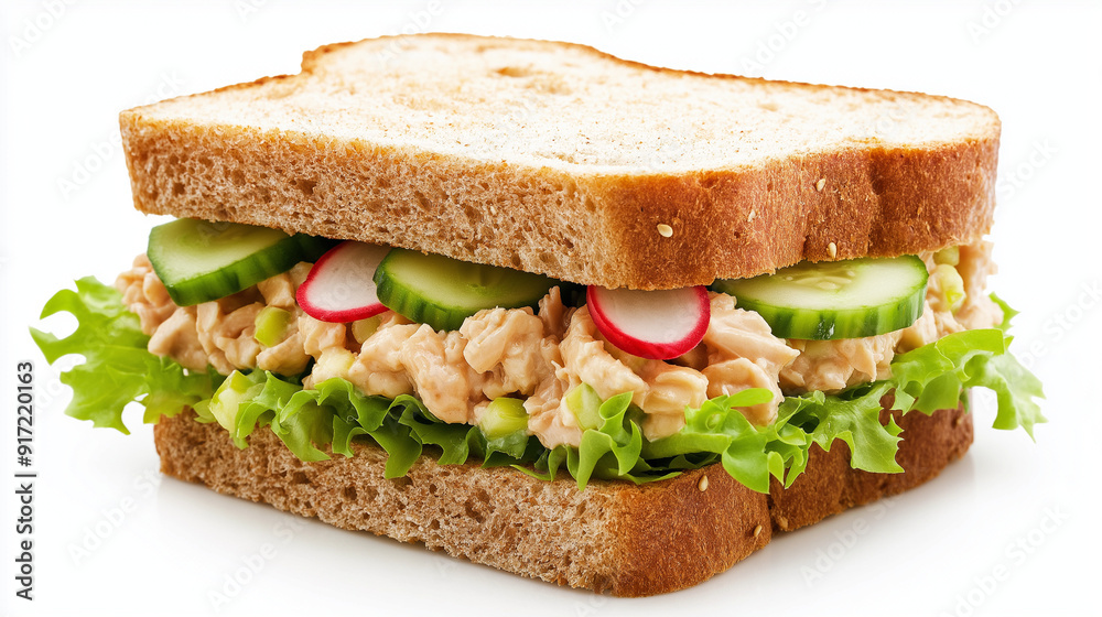 A sandwich, cut diagonally, revealing its layers. The sandwich consists of two slices of brown bread, with a filling that appears to be a creamy salad made of tuna or chicken, mixed with vegetables
A sandwich, cut diagonally, revealing its layers. The sandwich consists of two slices of brown bread, with a filling that appears to be a creamy salad made of tuna or chicken, mixed with vegetables