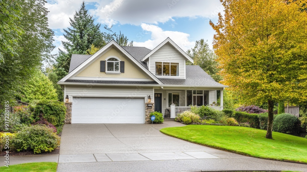 A charming suburban home with a large driveway and space for copy above A charming suburban home with a large driveway and space for copy above