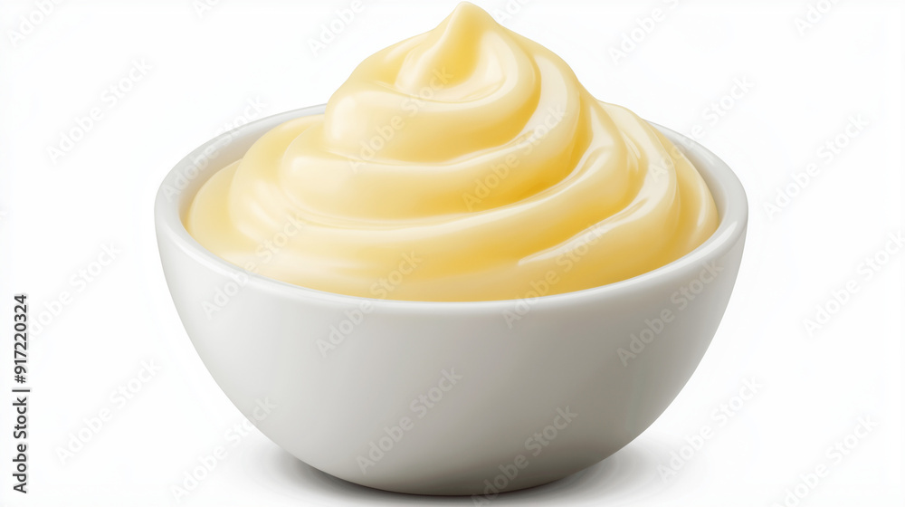 A white bowl filled with a creamy, pale yellow substance that resembles mayonnaise or a similar condiment. The substance is smooth with a swirl on top, and the bowl appears to be placed A white bowl filled with a creamy, pale yellow substance that resembles mayonnaise or a similar condiment. The substance is smooth with a swirl on top, and the bowl appears to be placed