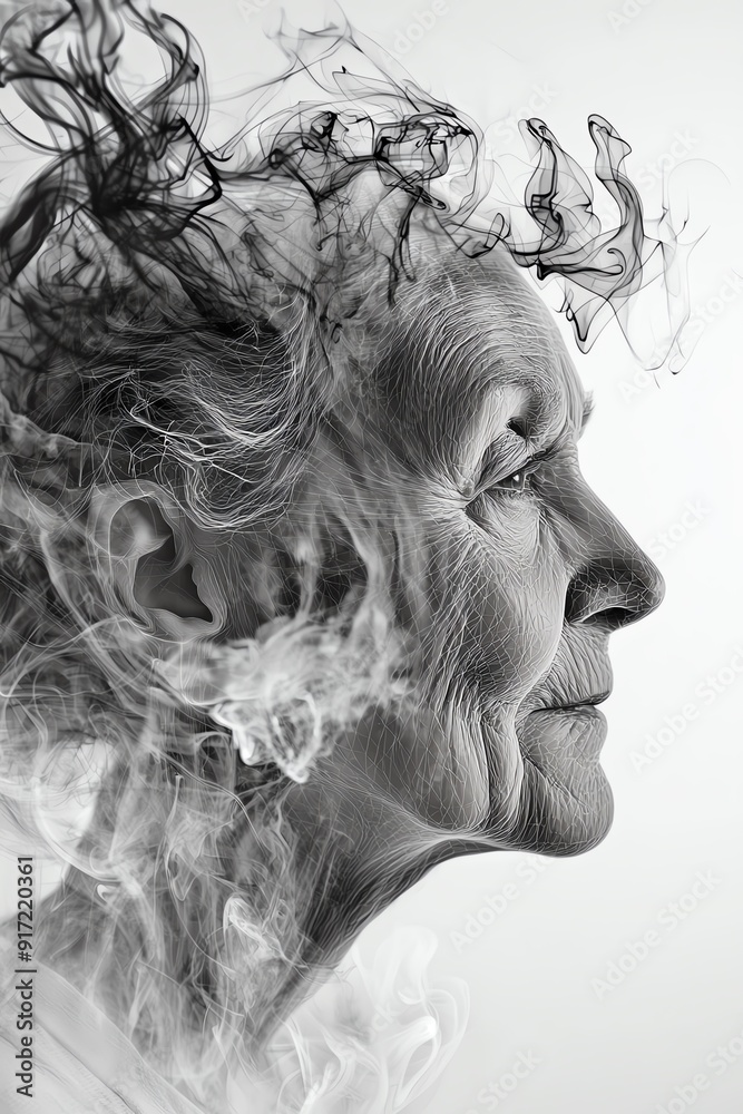 Fototapeta premium Abstract portrait of an elderly woman with swirling smoke or ink around her head. The image is in black and white.