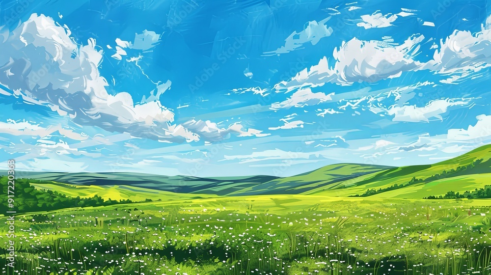 Fototapeta premium An acrylic illustration depicting a fresh, green meadow under a bright blue sky with scattered clouds. Hills and wildflowers dot the landscape, creating a serene and peaceful scene.