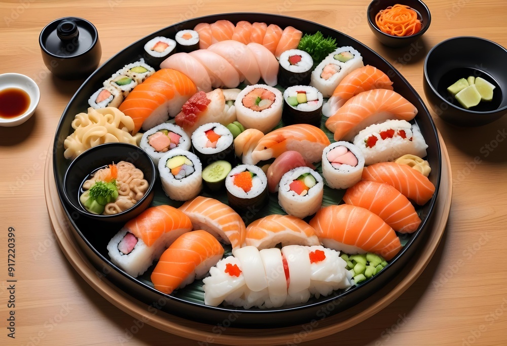 Sushi rolls are on a tray with other sushi Sushi rolls are on a tray with other sushi