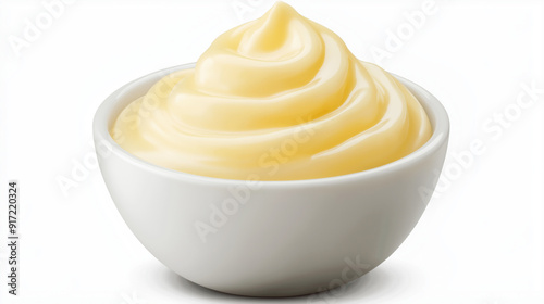 A white bowl filled with a creamy, pale yellow substance that resembles mayonnaise or a similar condiment. The substance is smooth with a swirl on top, and the bowl appears to be placed photo