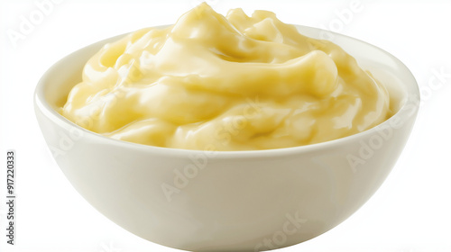 A white bowl filled with a creamy, pale yellow substance that resembles mayonnaise or a similar condiment. The substance is smooth with a swirl on top, and the bowl appears to be placed