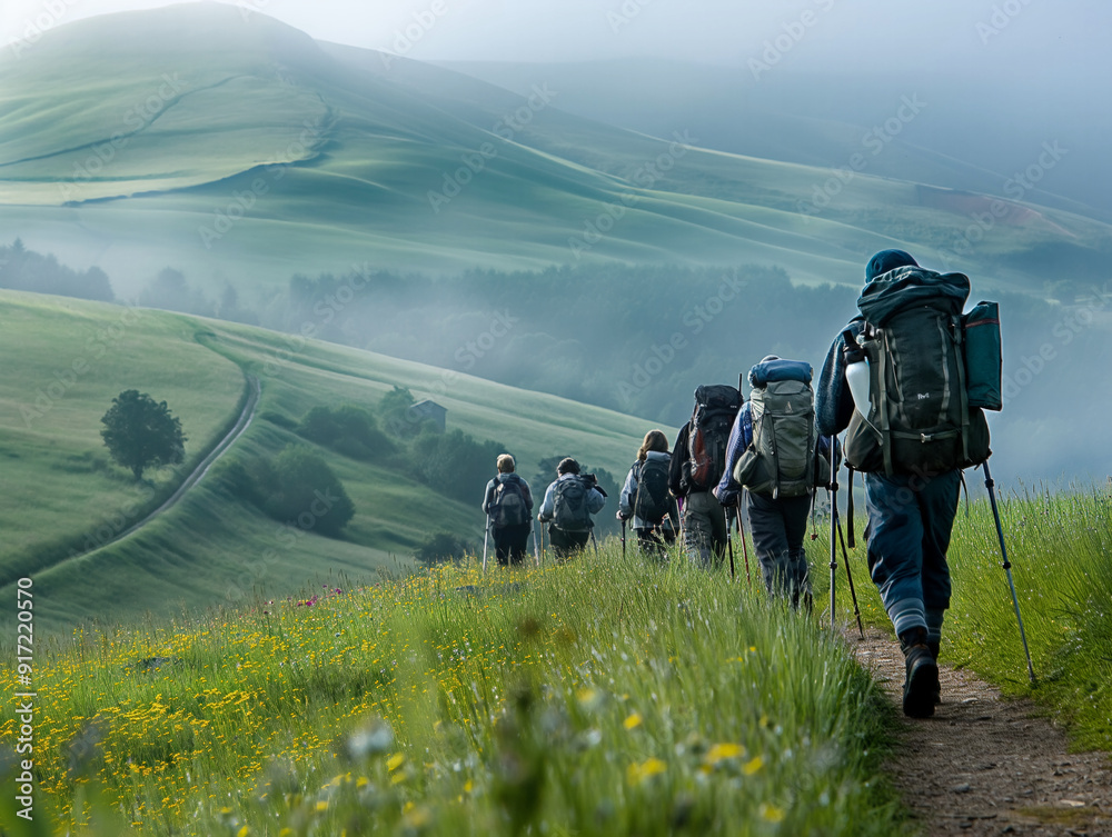 A group of people are hiking up a hill with a beautiful view of the mountains in the background A group of people are hiking up a hill with a beautiful view of the mountains in the background