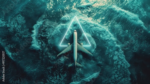 A plane flying over the ocean entering a Bermuda Triangle vortex, evoking a sense of dread and danger.