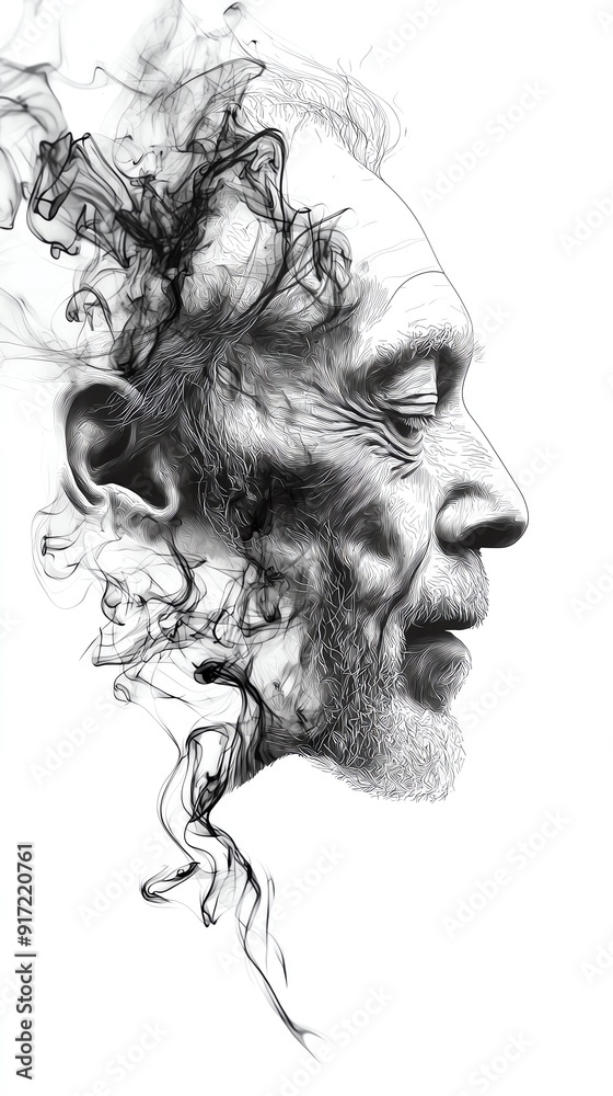 A detailed pencil drawing of a man's face in profile, with intricate lines that resemble smoke or flowing water. A detailed pencil drawing of a man's face in profile, with intricate lines that resemble smoke or flowing water.