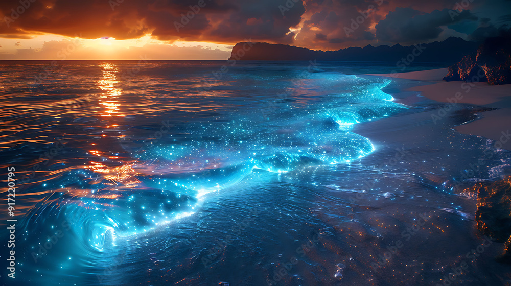 Bioluminescent algae bloom covering shore of bioluminescent ocean where photosynthetic alien algae convert sunlight into energy produce glowing bio fluore scent compound enriching aquatic ecosystem Bioluminescent algae bloom covering shore of bioluminescent ocean where photosynthetic alien algae convert sunlight into energy produce glowing bio fluore scent compound enriching aquatic ecosystem