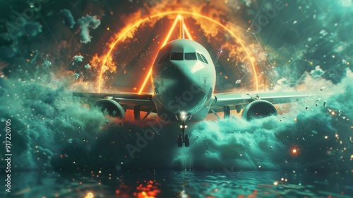 A plane flying over the ocean entering a Bermuda Triangle vortex, evoking a sense of dread and danger.
