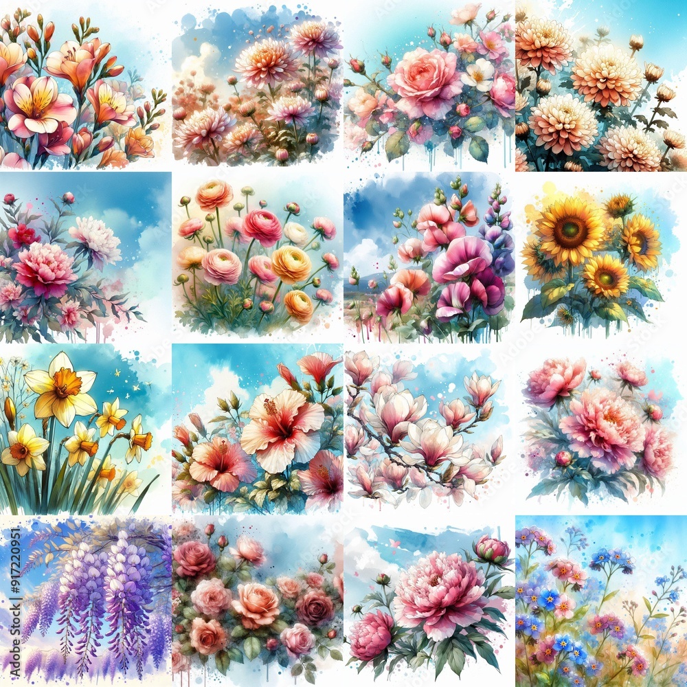 Flowers draw in watercolor splash style. AI generated illustration Flowers draw in watercolor splash style. AI generated illustration