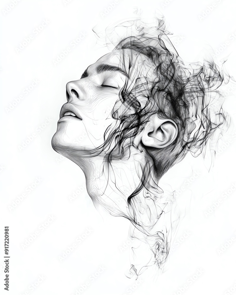 A stylized portrait of a person with their eyes closed, their hair swirling in an abstract design. The image is drawn in black and white. A stylized portrait of a person with their eyes closed, their hair swirling in an abstract design. The image is drawn in black and white.