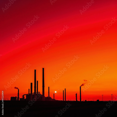 Industrial Plant Silhouette Against Fiery Sunset