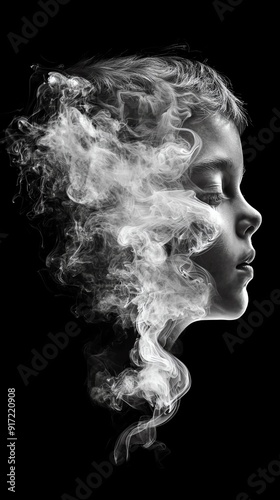 A profile portrait of a woman with smoke swirling around her head, creating an ethereal and mysterious image.