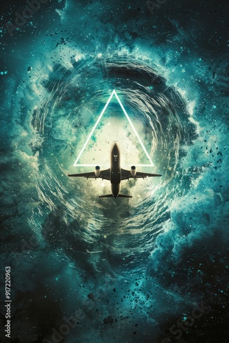 A plane flying over the ocean entering a Bermuda Triangle vortex, evoking a sense of dread and danger.