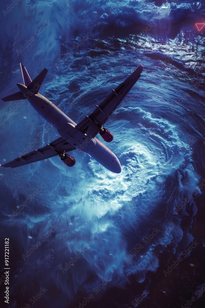 Fototapeta premium A plane flying over the ocean entering a Bermuda Triangle vortex, evoking a sense of dread and danger.