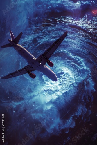 A plane flying over the ocean entering a Bermuda Triangle vortex, evoking a sense of dread and danger.