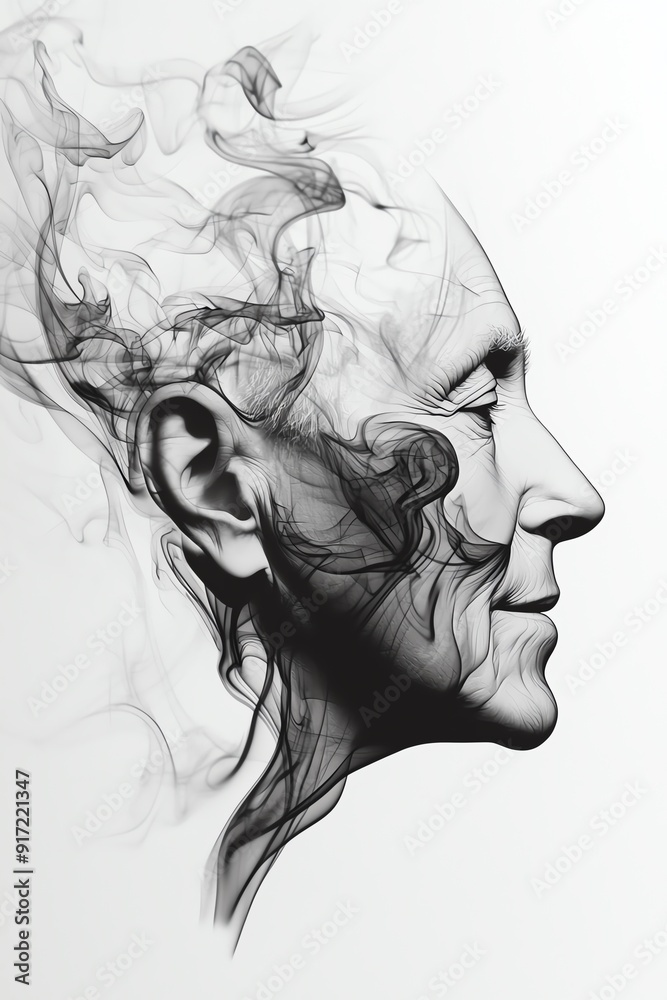 Fototapeta premium Abstract portrait of a man with wispy smoke-like lines covering his face. Black and white, artistic, and contemplative.