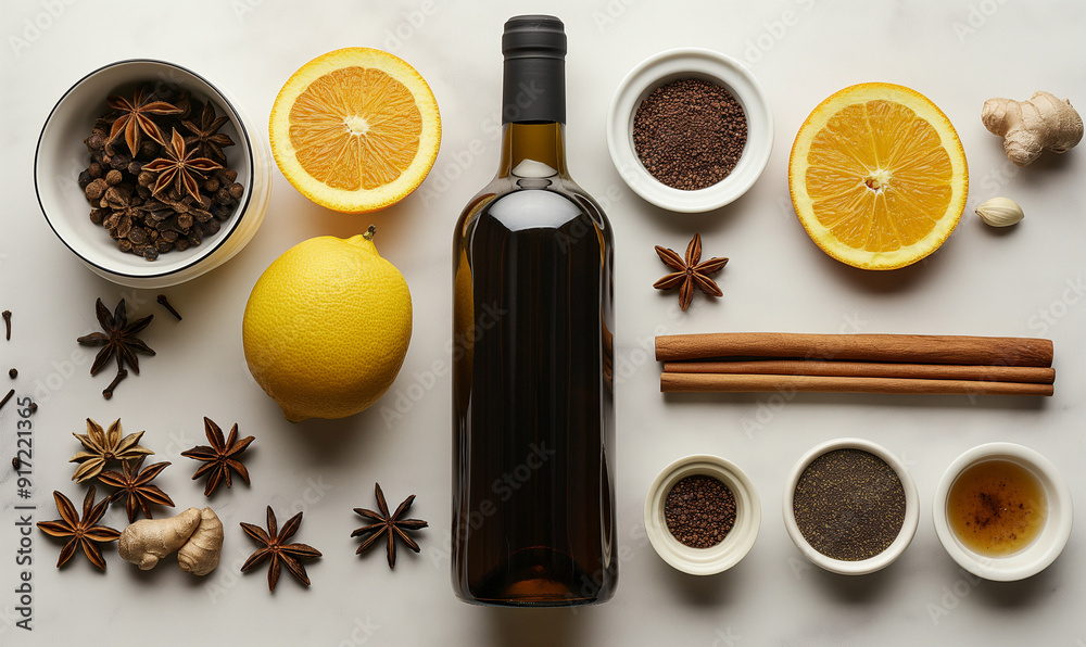 Mulled wine on dark marble background. Ingredients for making mulled wine, top view. Christmas decoration. Christmas mulled wine with spices.Space for text. Copy space. Mulled wine on dark marble background. Ingredients for making mulled wine, top view. Christmas decoration. Christmas mulled wine with spices.Space for text. Copy space.