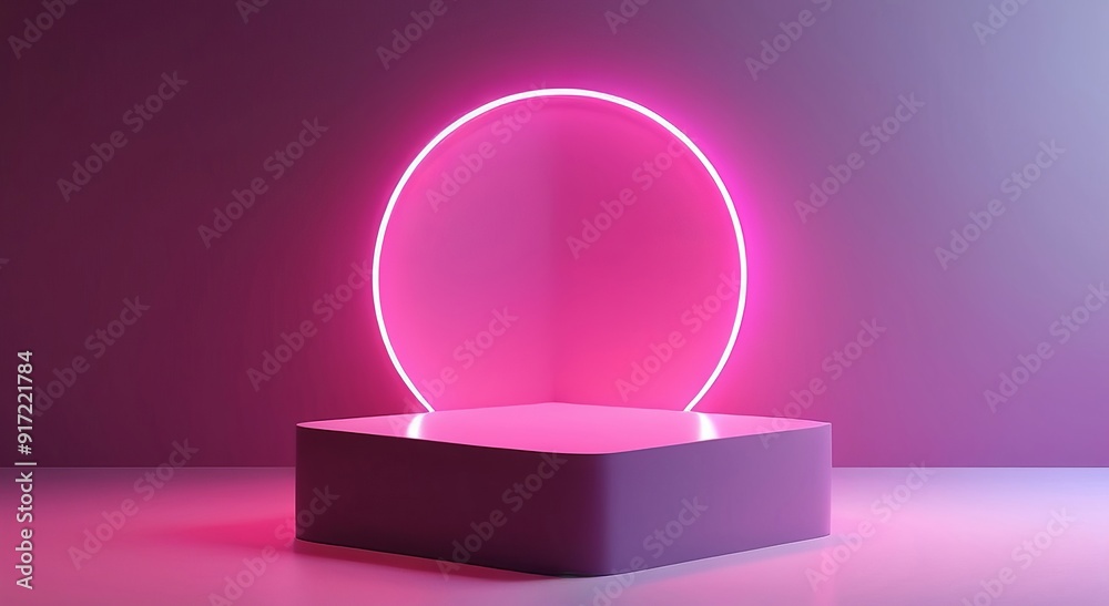 Podium Display in Neon with 3D Geometric Forms - Minimalist Round Pedestal for Product Presentation. Made with Generative AI Technology Podium Display in Neon with 3D Geometric Forms - Minimalist Round Pedestal for Product Presentation. Made with Generative AI Technology