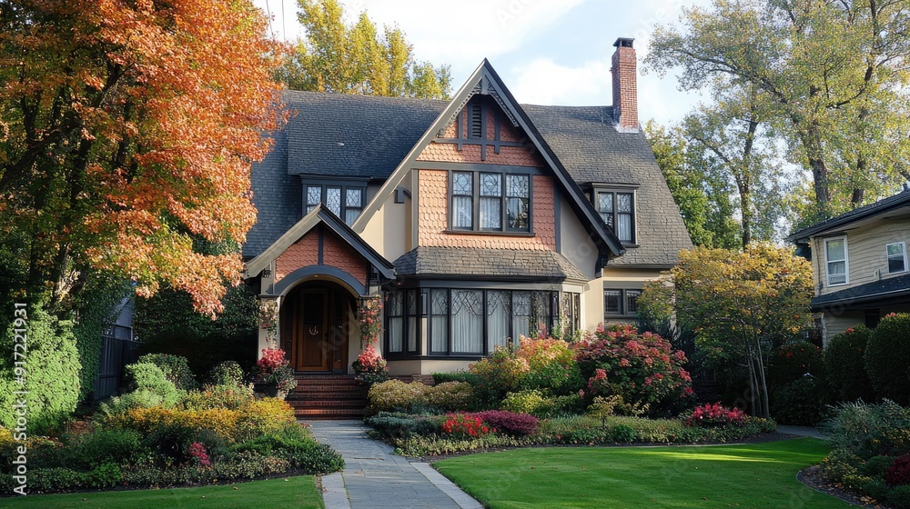 A well-designed, beautiful house in a serene neighborhood, with space around it for copy, emphasizing the property's curb appeal A well-designed, beautiful house in a serene neighborhood, with space around it for copy, emphasizing the property's curb appeal