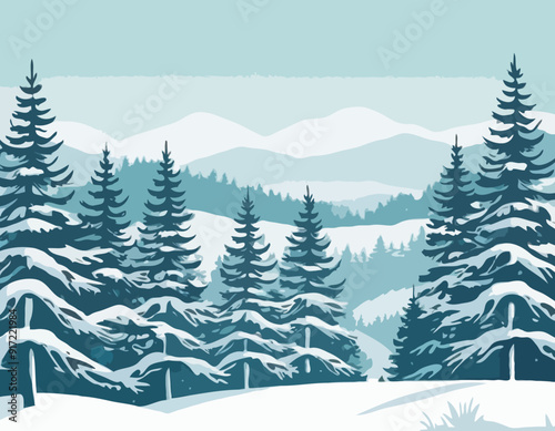 Pine Trees. Trunks of fir and Spruce. Snow frosty landscape. Beautiful Forest Panorama. Illustration in cartoon style flat design. Vector