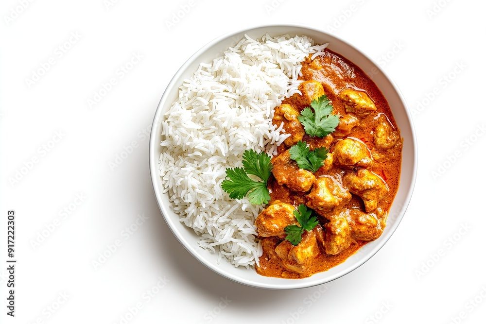 Chicken tikka masala with basmati rice isolated on a white, top view Chicken tikka masala with basmati rice isolated on a white, top view
