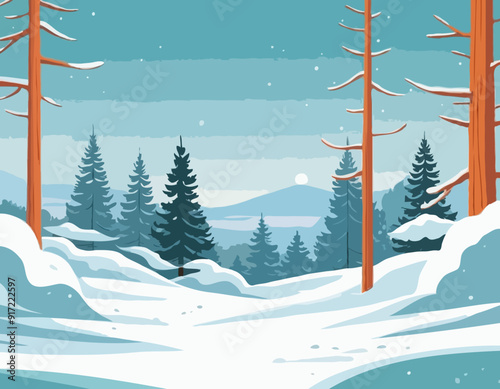 Pine Trees. Trunks of fir and Spruce. Snow frosty landscape. Beautiful Forest Panorama. Illustration in cartoon style flat design. Vector