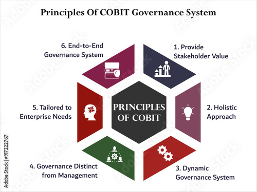 Six principles of COBIT governance system. Infographic template with icons and description placeholder